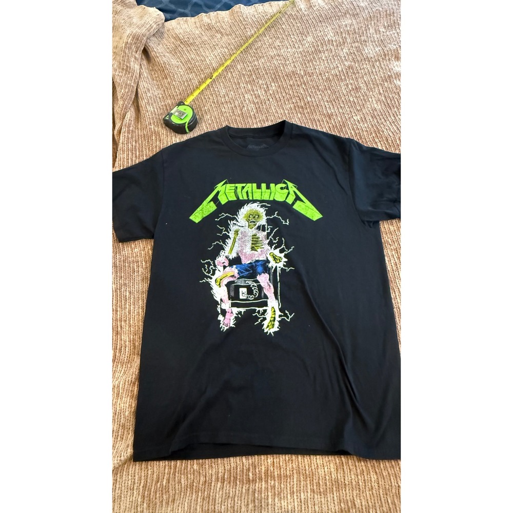 Metallica Graphic T-Shirt Mens Medium Black Neon Green Skeleton Electric Band